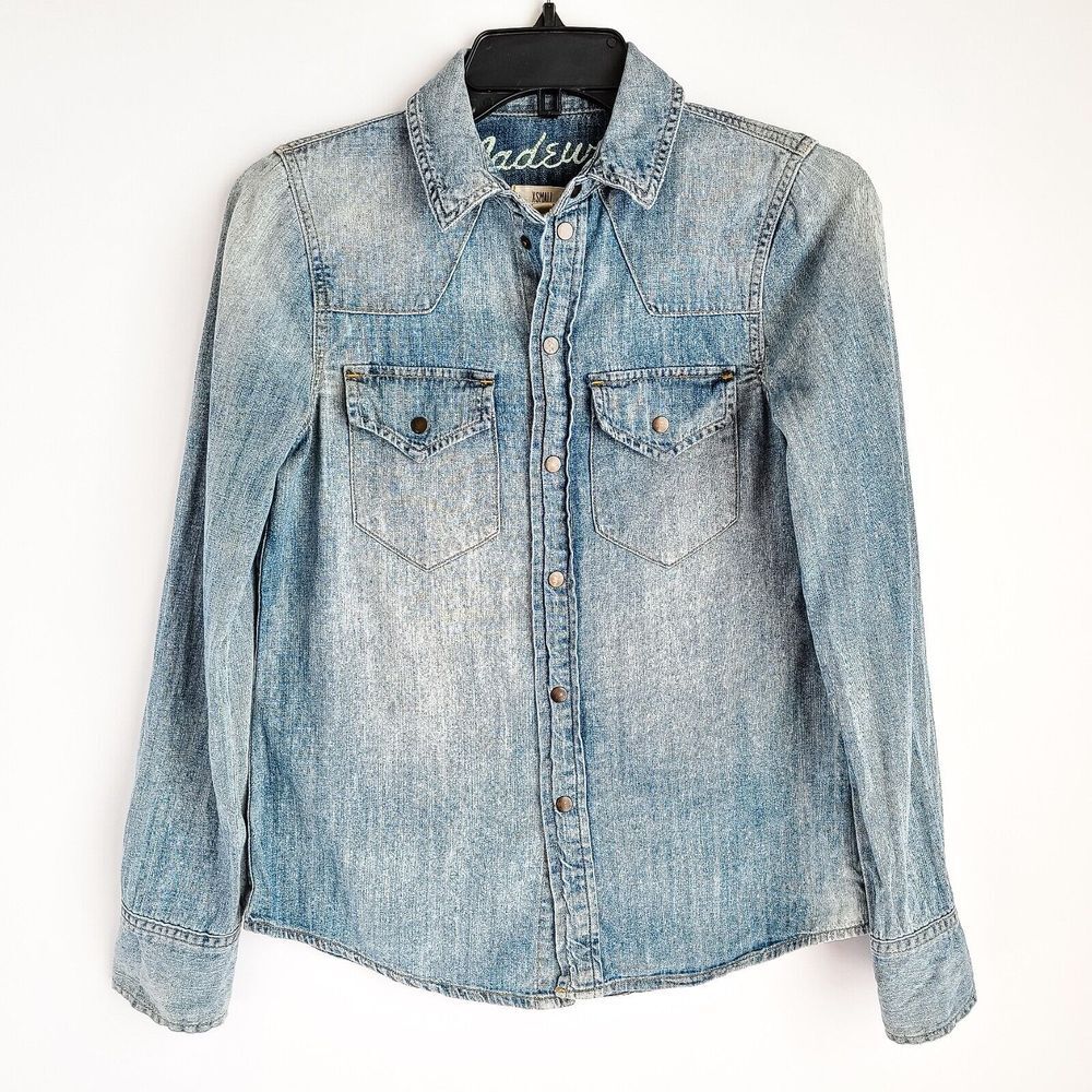 Madewell Willow Wash Western Denim Shirt Womens XS Snap Button Chest Pockets